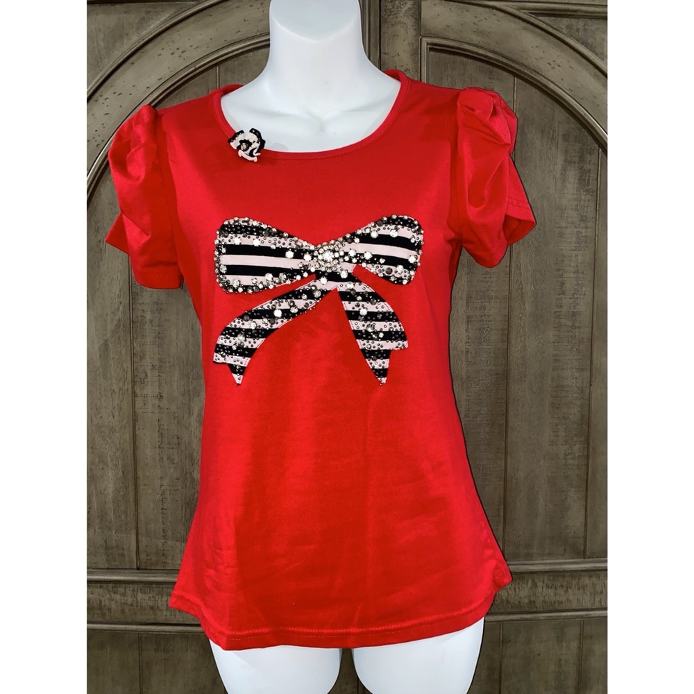 Red blouse with a stripped diamond bow
